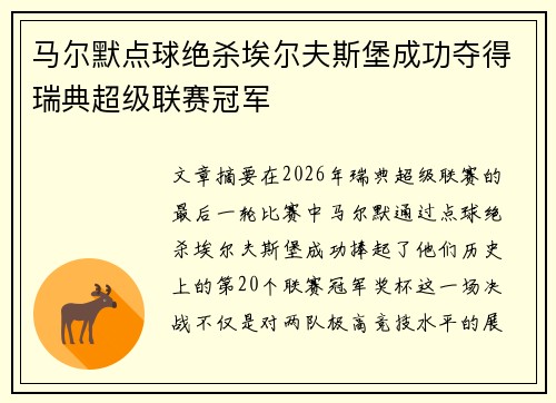 马尔默点球绝杀埃尔夫斯堡成功夺得瑞典超级联赛冠军